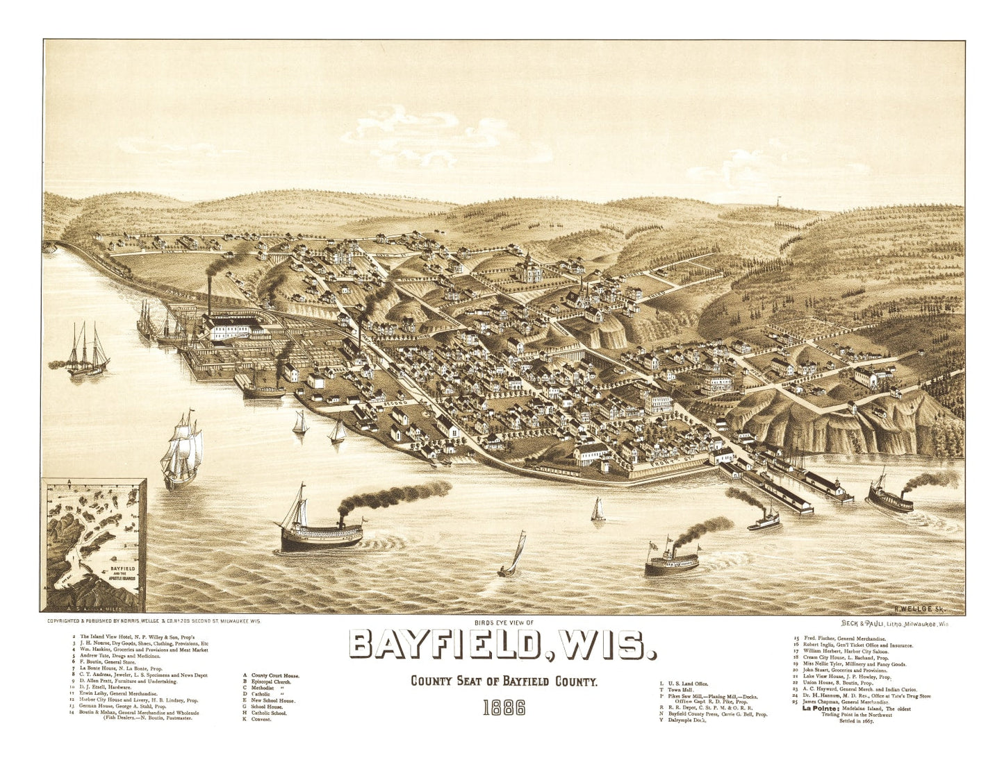 Vintage Map of Bayfield, Wisconsin, 1886