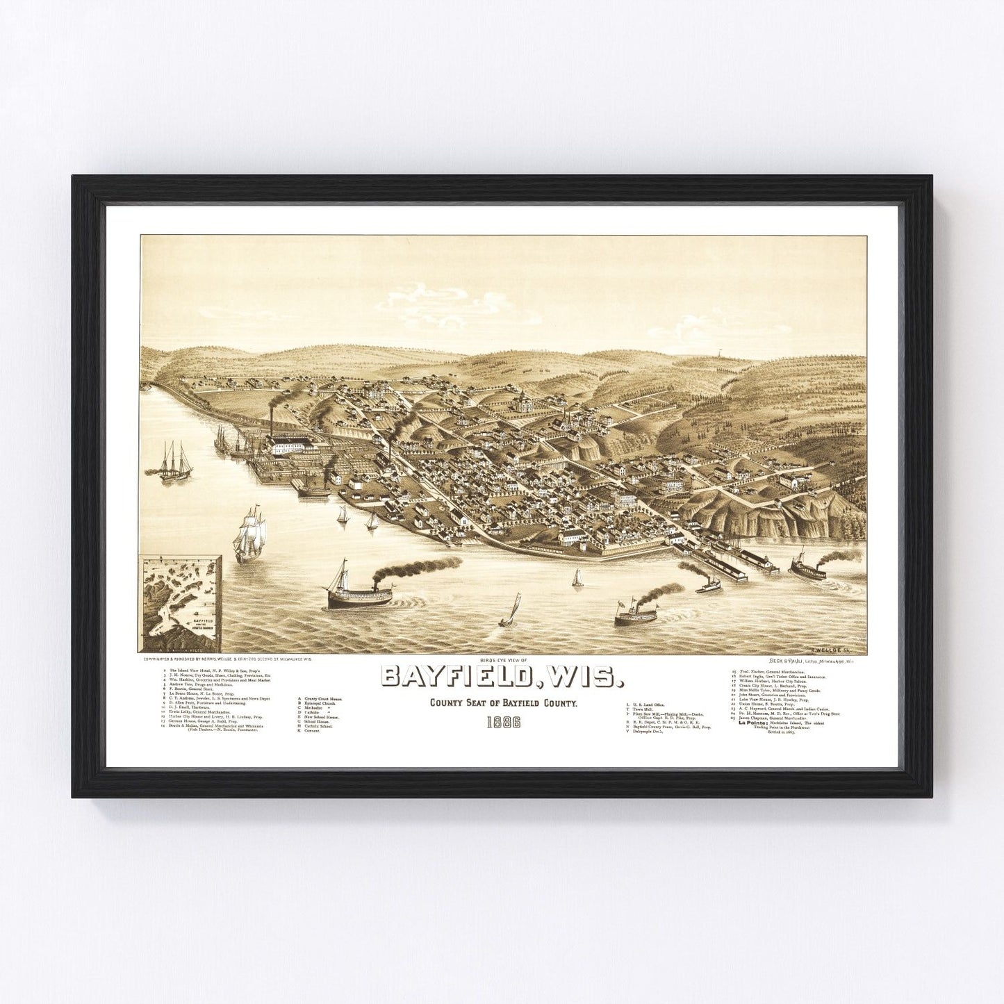 Vintage map of Bayfield, Wisconsin, 1886