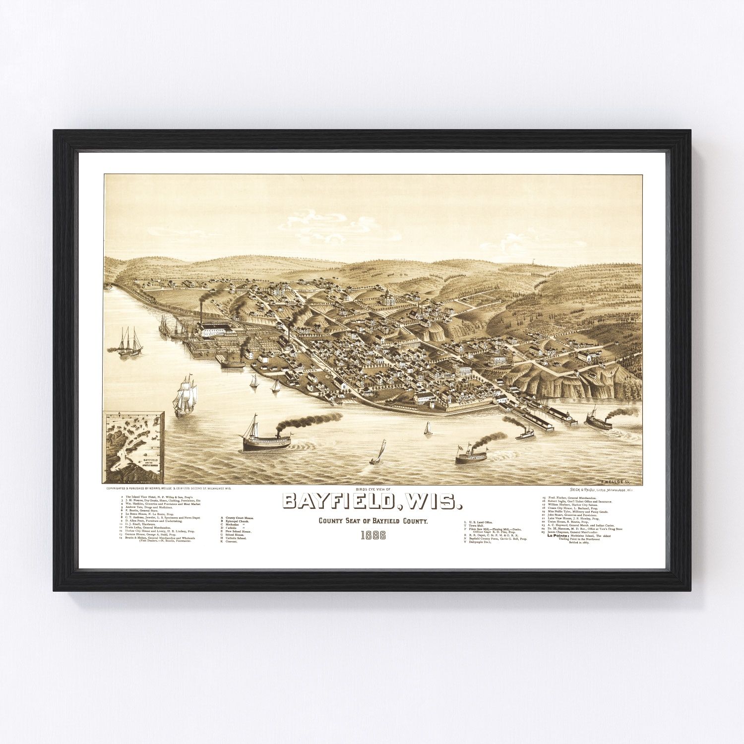 Vintage map of Bayfield, Wisconsin, 1886