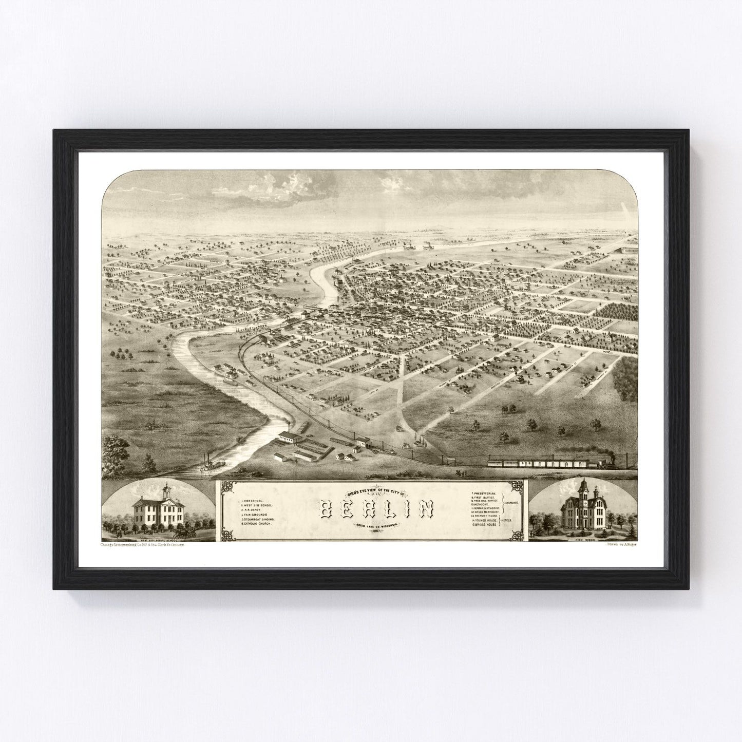 Vintage map of Berlin, Green Lake County, Wisconsin, 1867, restored print