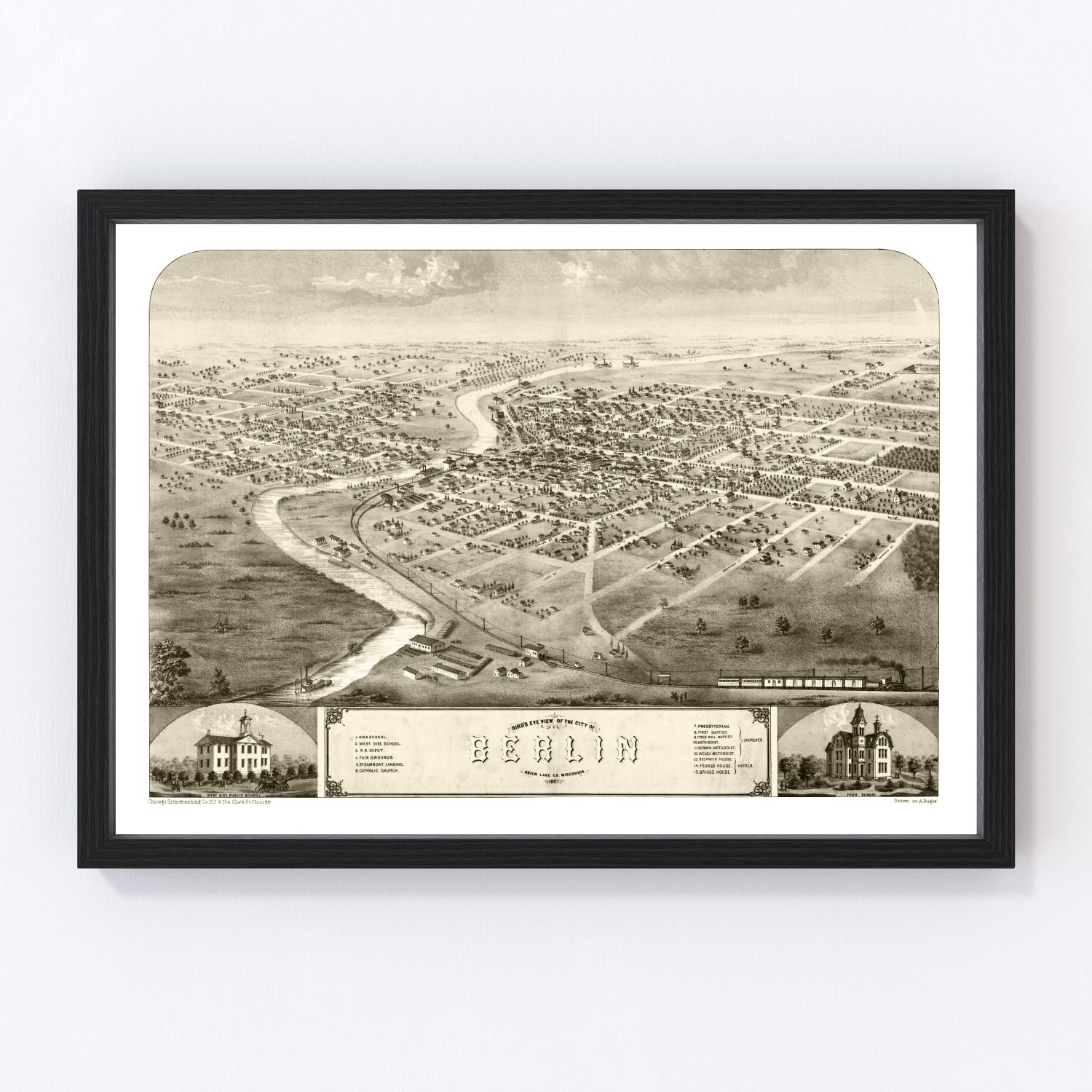 Vintage map of Berlin, Green Lake County, Wisconsin, 1867, restored print