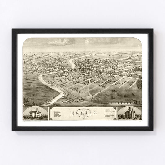 Vintage map of Berlin, Green Lake County, Wisconsin, 1867, restored print