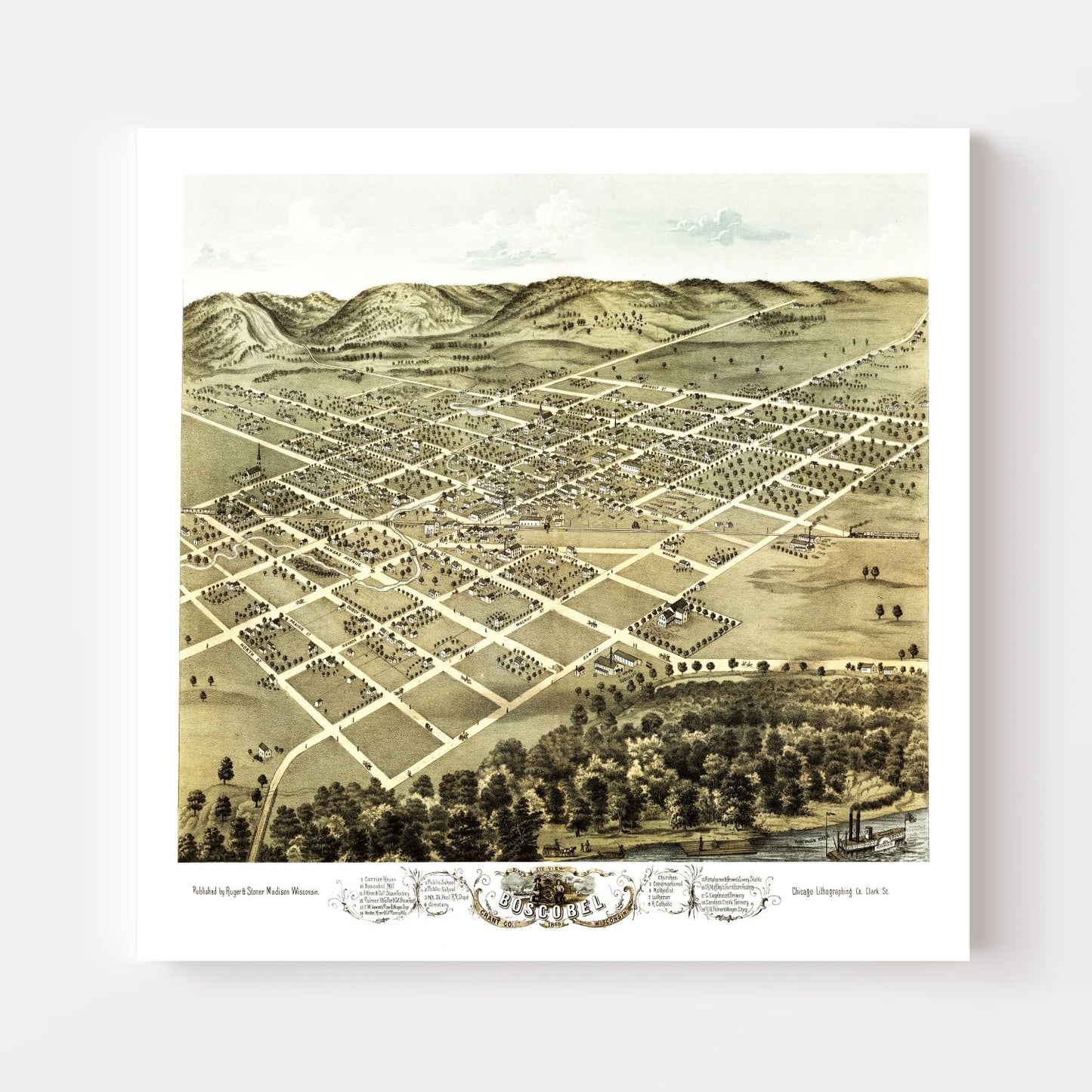 Vintage Map of Boscobel, Wisconsin, 1869