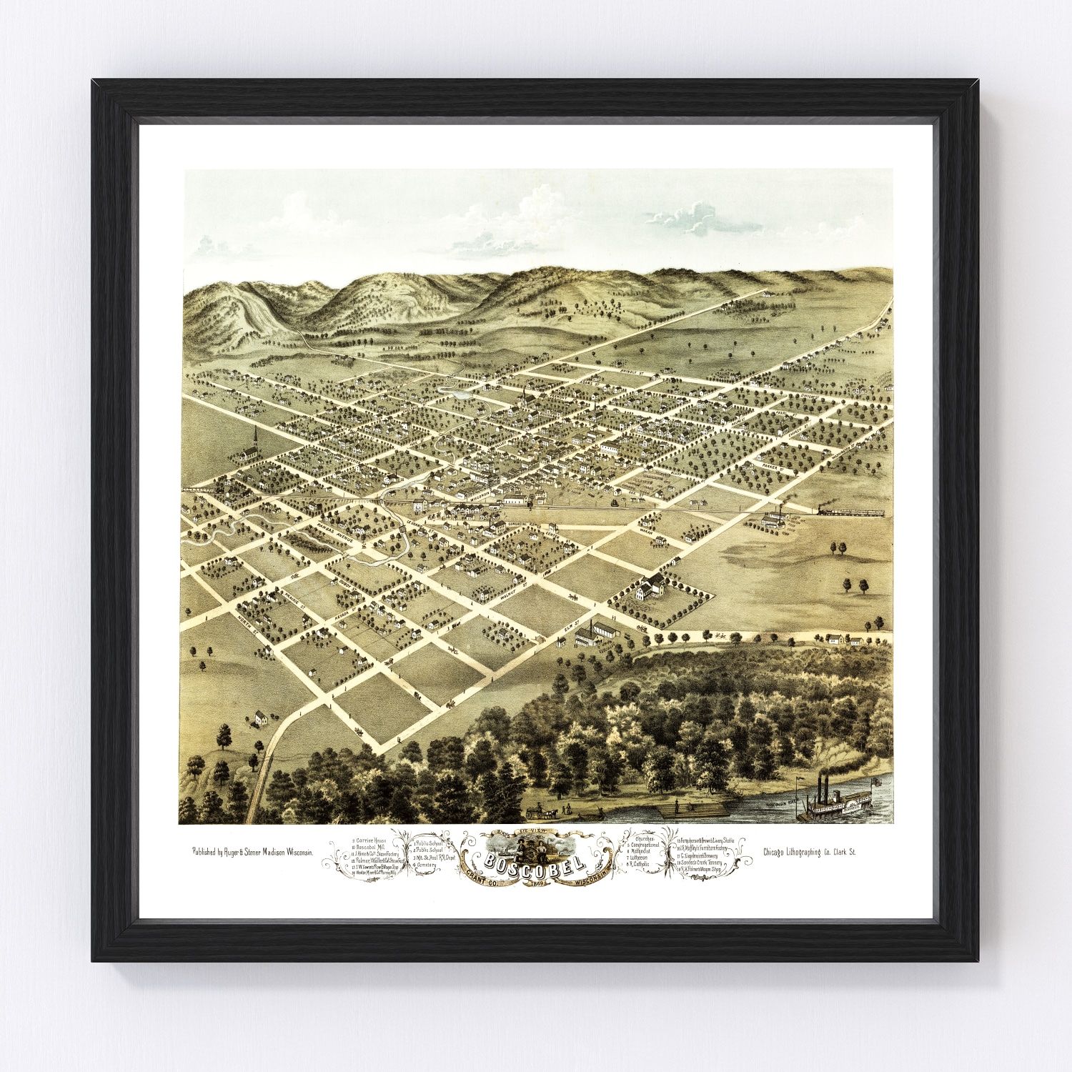 vintage map of Boscobel, Wisconsin, 1869, restored print wall art