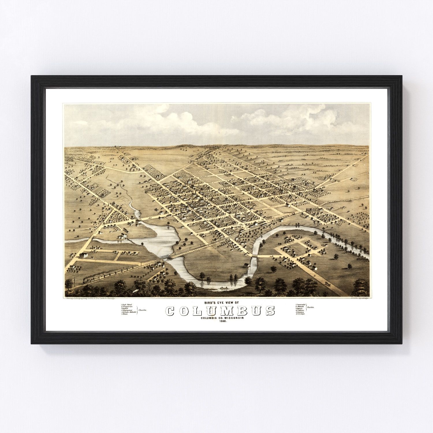 Vintage restored map of Columbus, Wisconsin, 1868, Columbia County post-Civil War