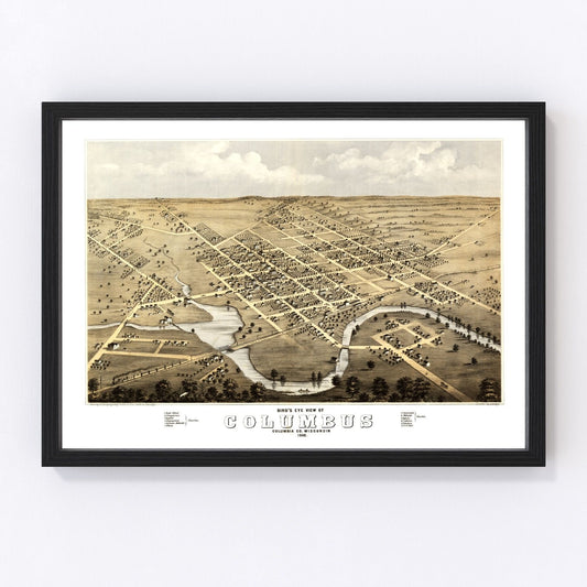 Vintage restored map of Columbus, Wisconsin, 1868, Columbia County post-Civil War