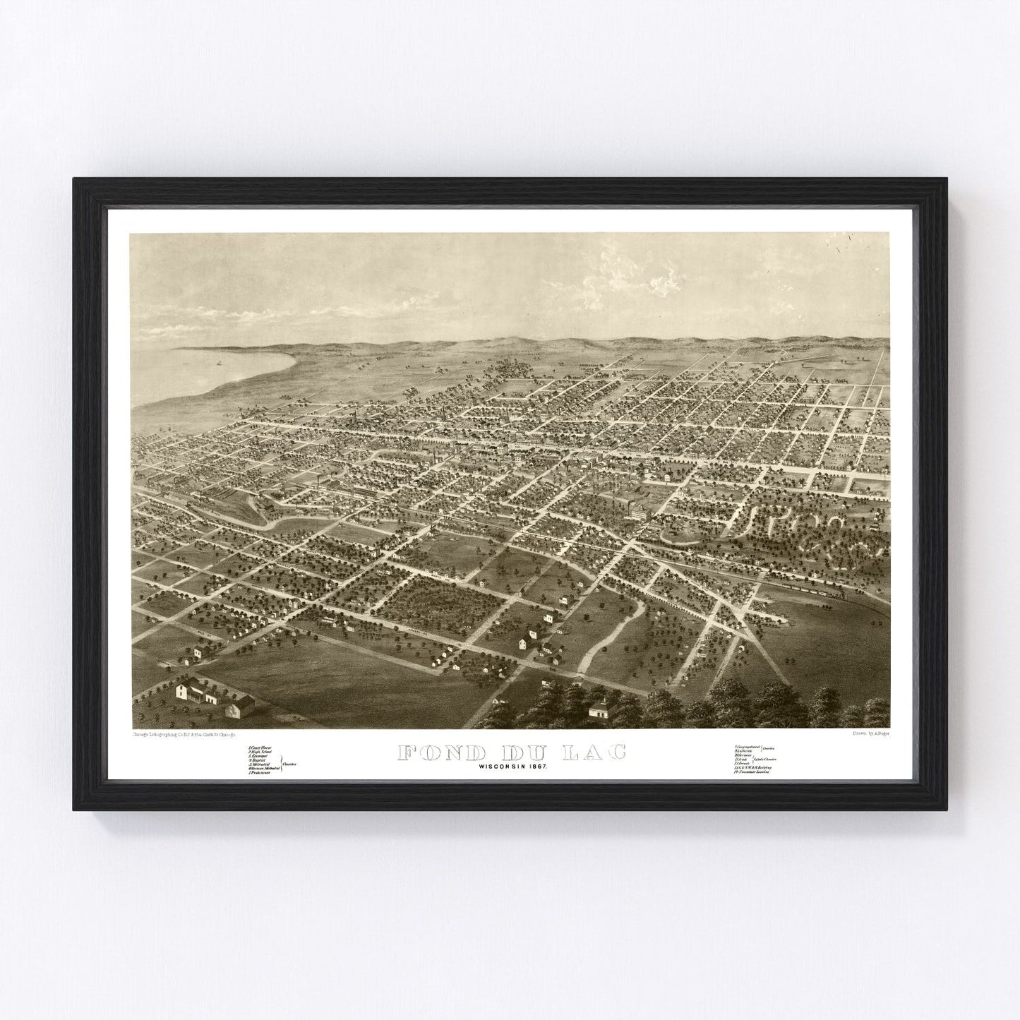 Vintage restored map of Fond du Lac, Wisconsin, 1867, post-Civil War Lake Winnebago city