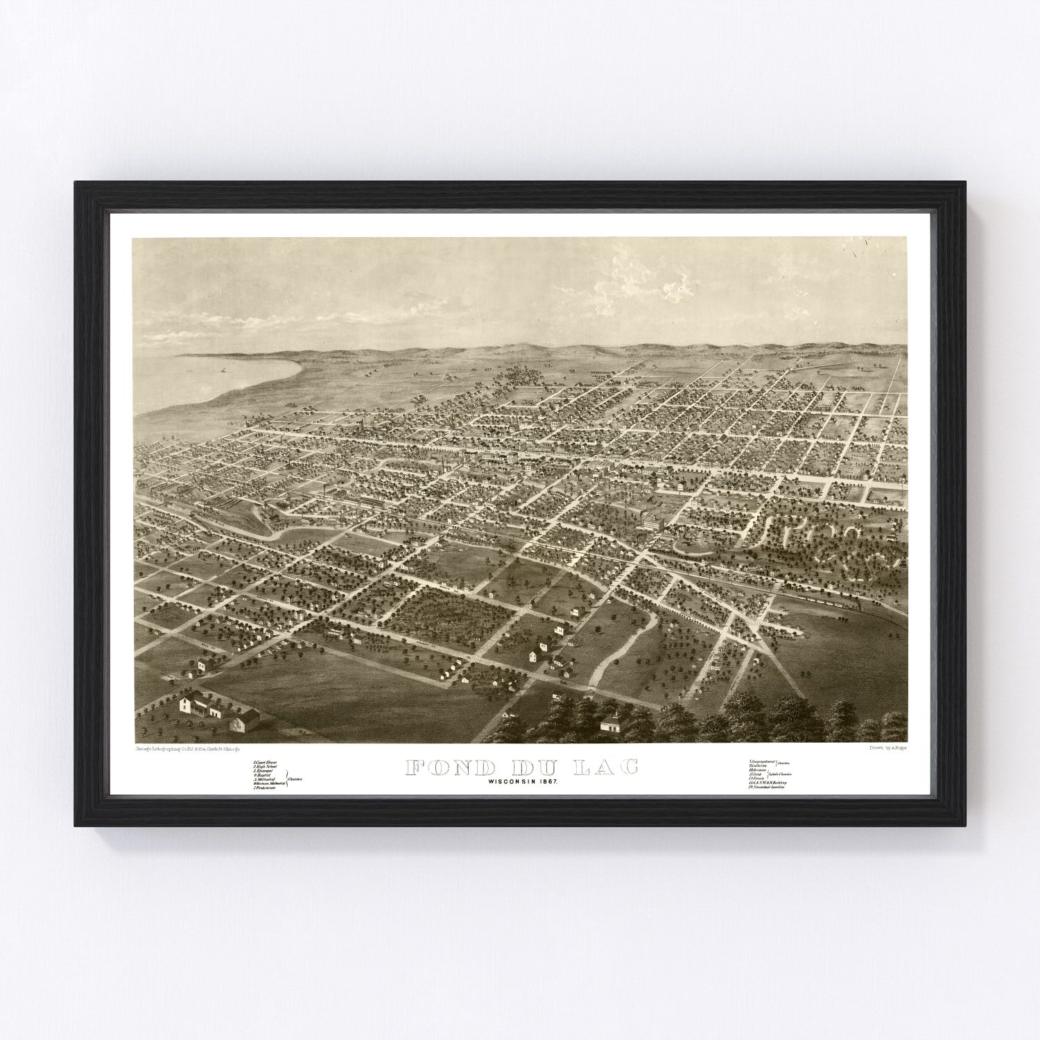 Vintage restored map of Fond du Lac, Wisconsin, 1867, post-Civil War Lake Winnebago city