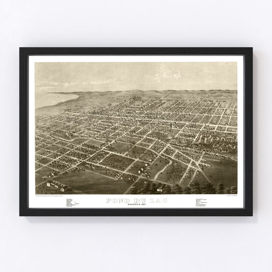 Vintage restored map of Fond du Lac, Wisconsin, 1867, post-Civil War Lake Winnebago city