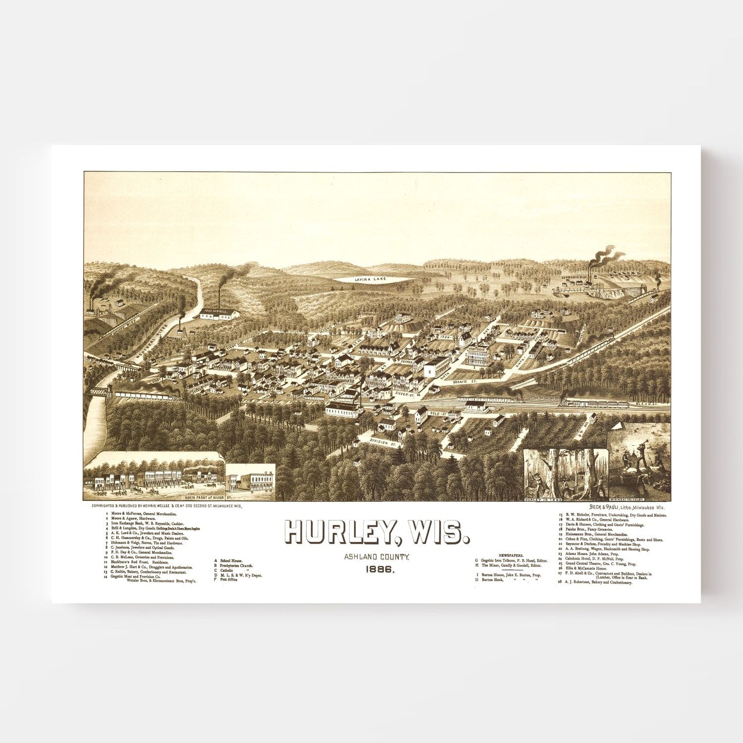 Vintage Map of Hurley, Ashland County, Wisconsin, 1886