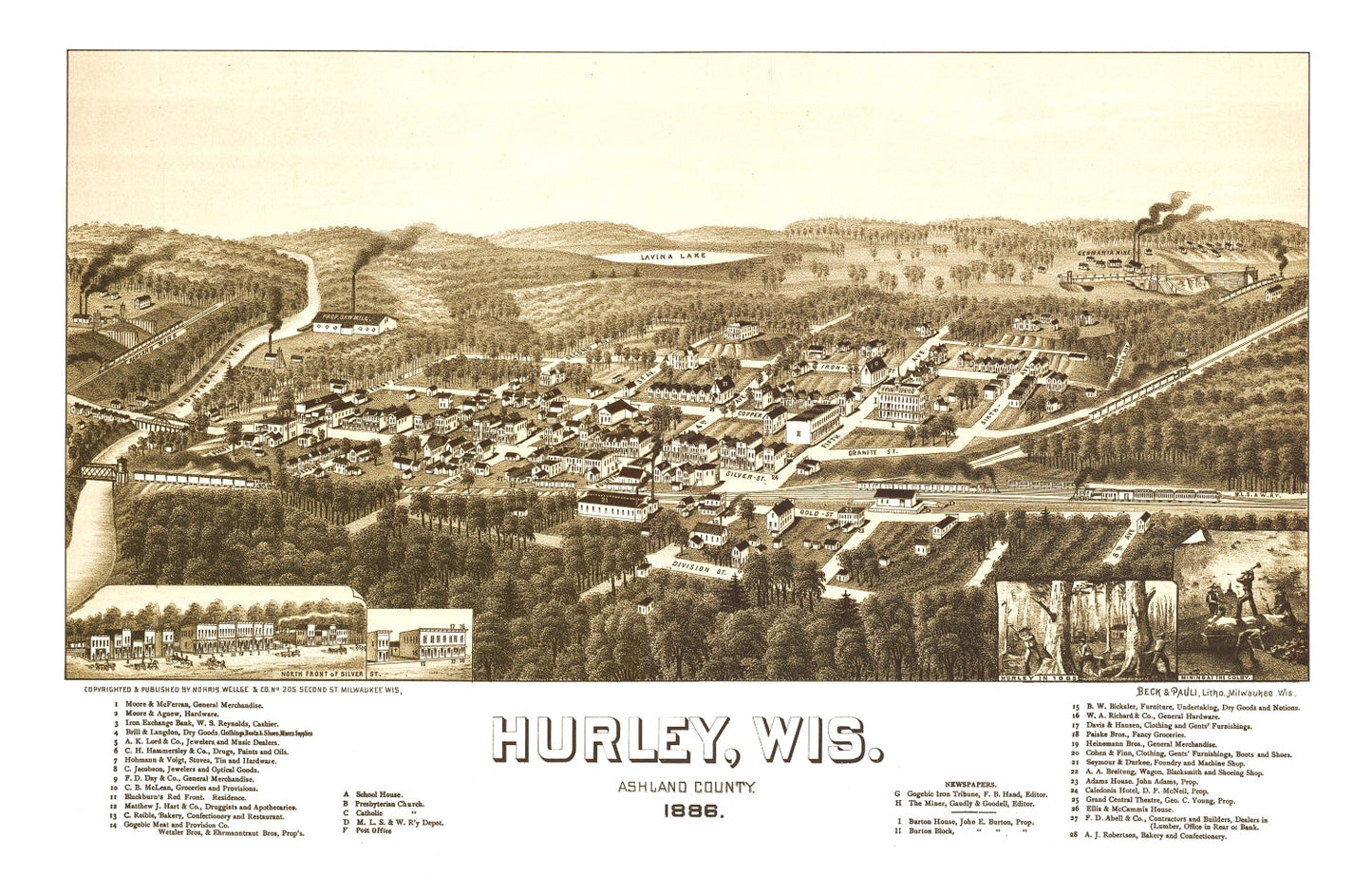 Vintage Map of Hurley, Ashland County, Wisconsin, 1886