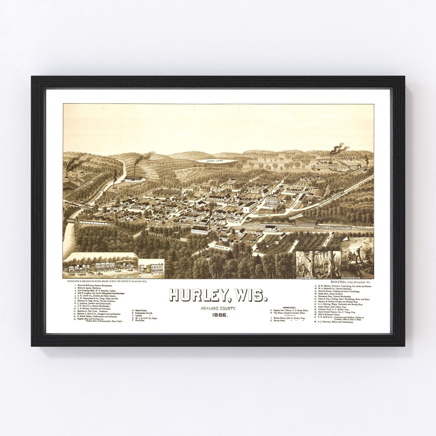 vintage map of Hurley, Ashland County, Wisconsin, 1886