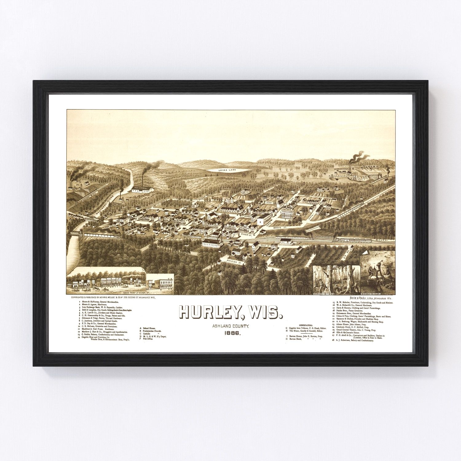 vintage map of Hurley, Ashland County, Wisconsin, 1886