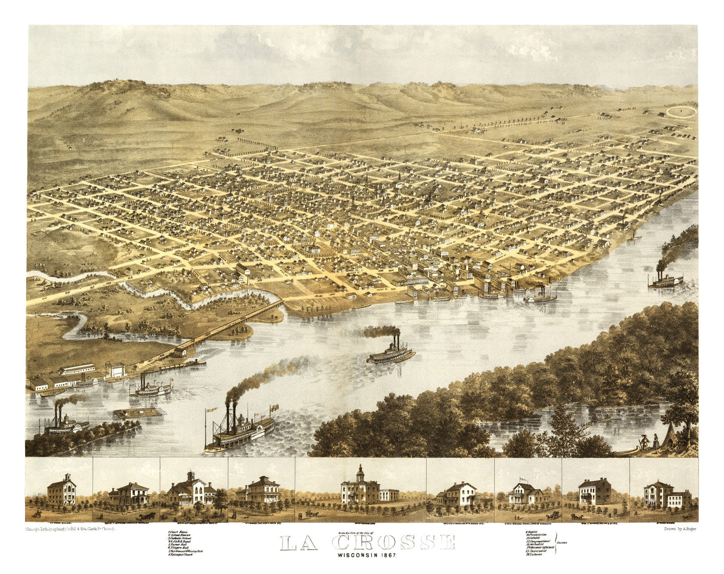 Vintage Map of La Crosse, Wisconsin, 1867