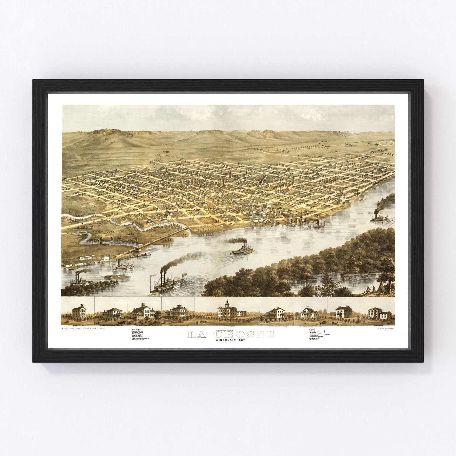 vintage map of La Crosse, Wisconsin, 1867