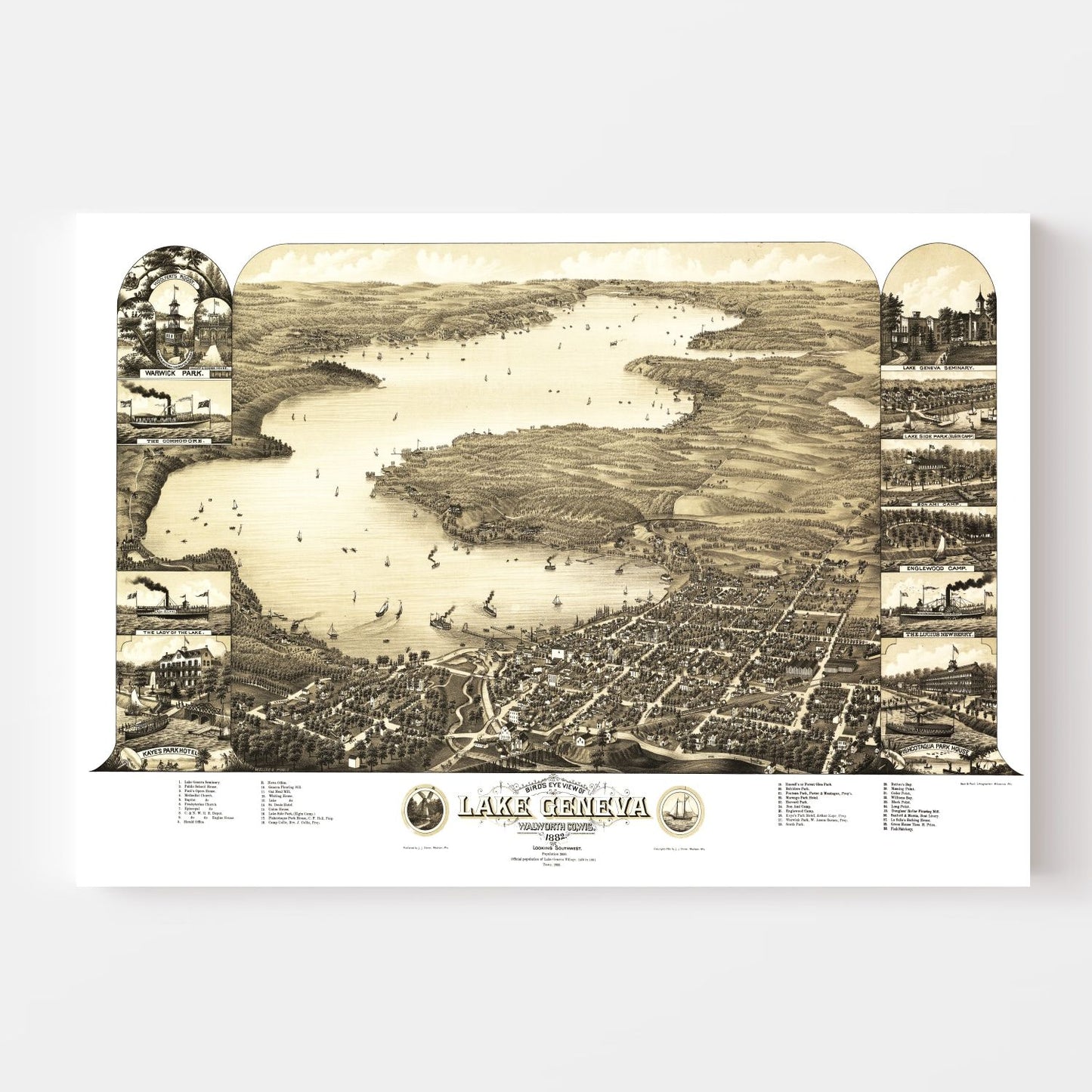 Vintage Map of Lake Geneva, Wisconsin, 1882