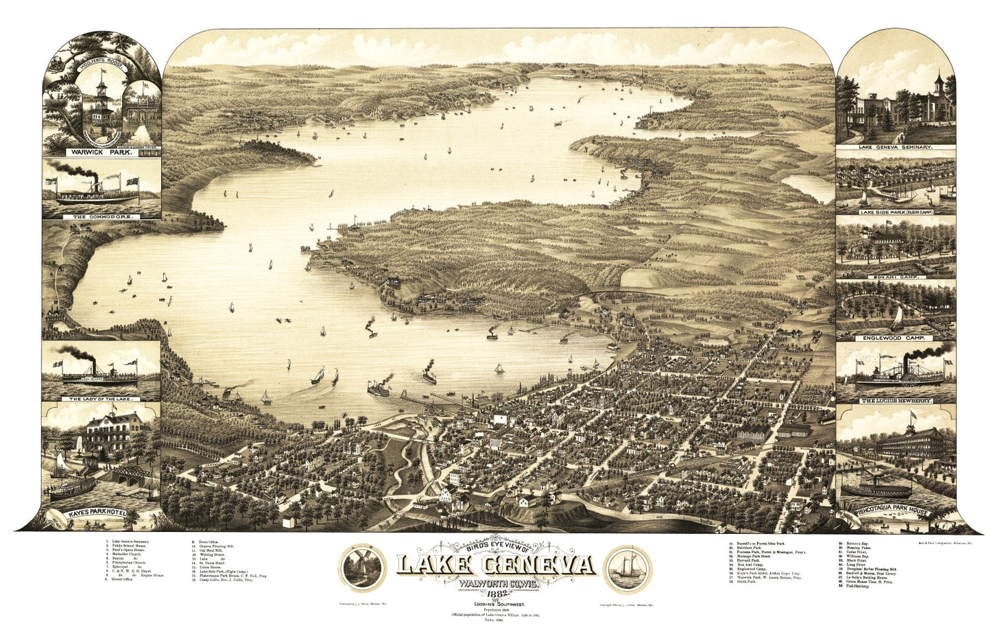 Vintage Map of Lake Geneva, Wisconsin, 1882