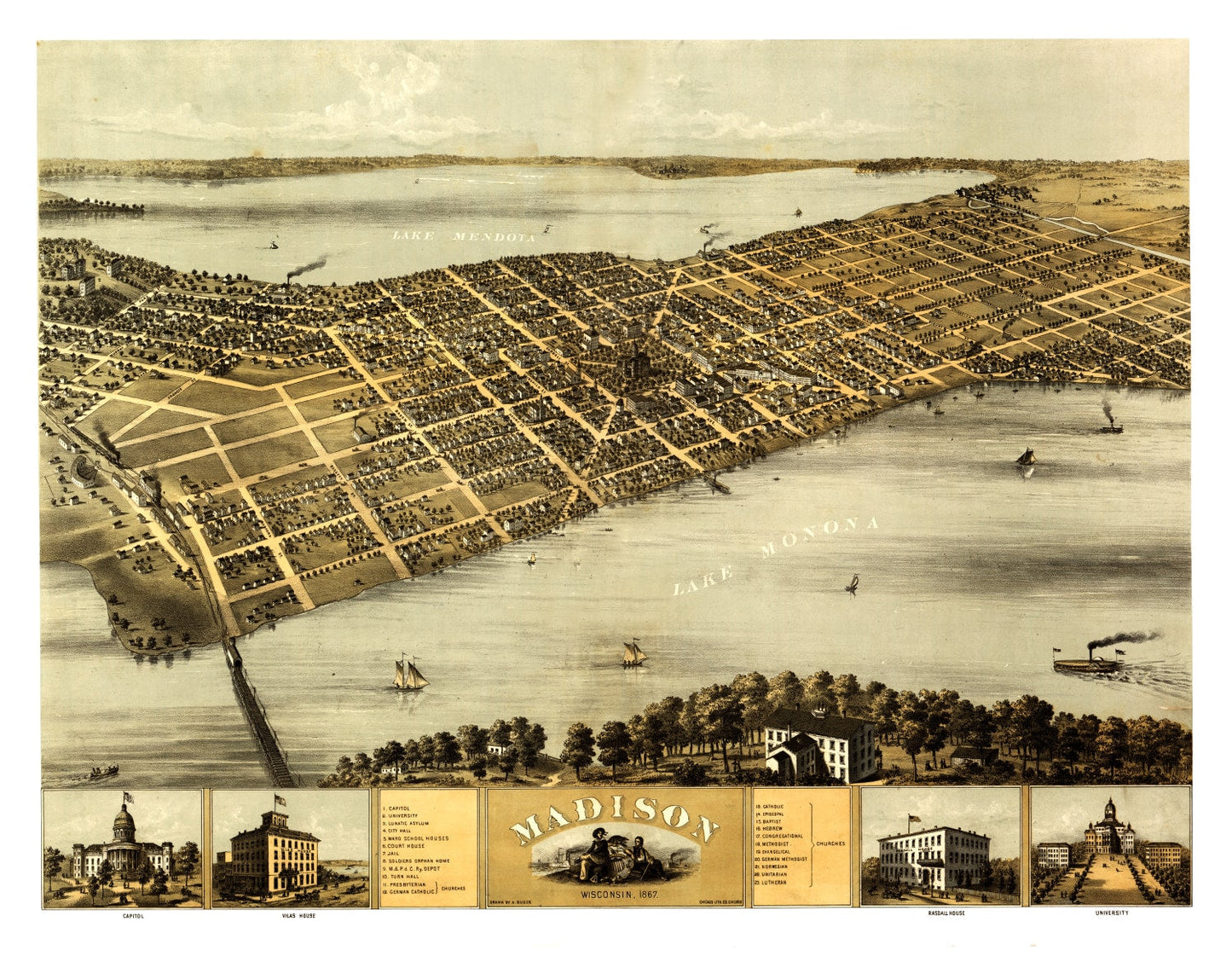 Vintage Map of Madison, Wisconsin, 1867