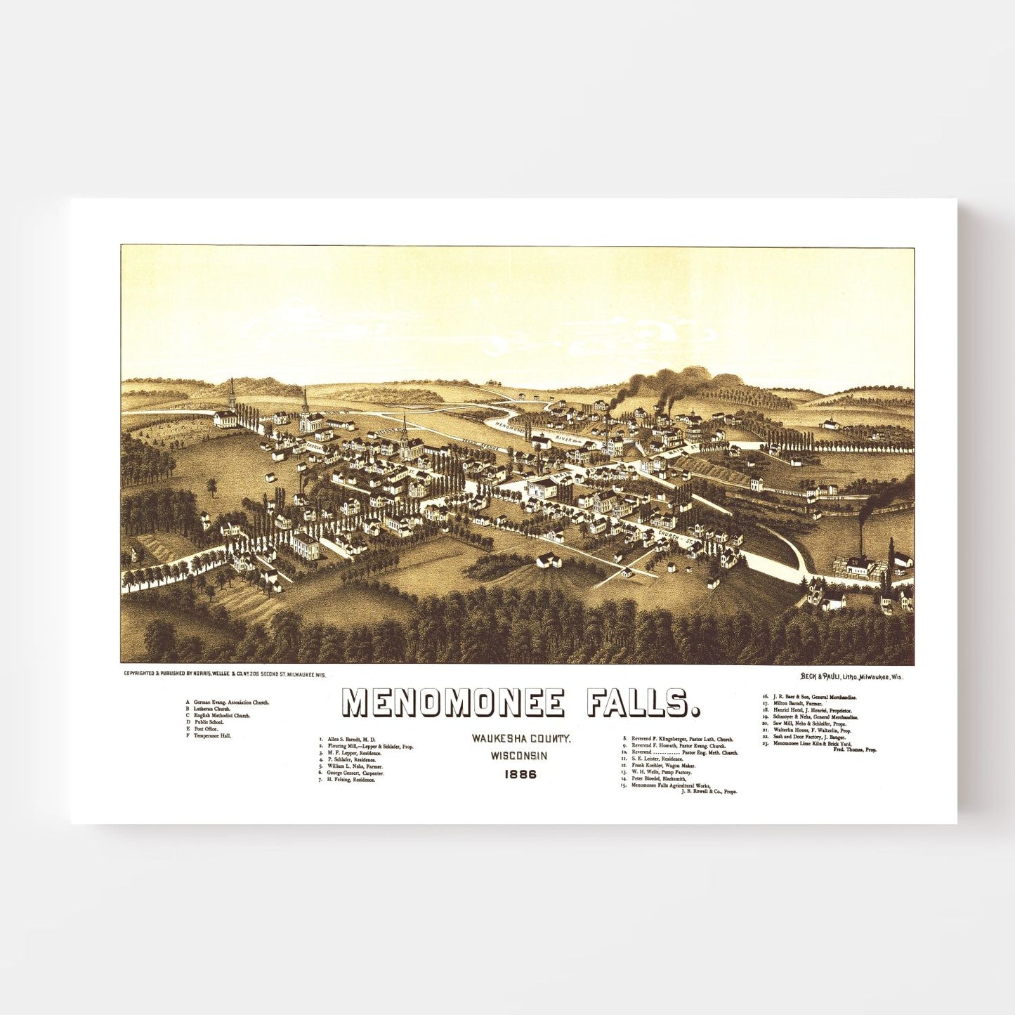 Vintage Map of Menomonee Falls, Wisconsin, 1886