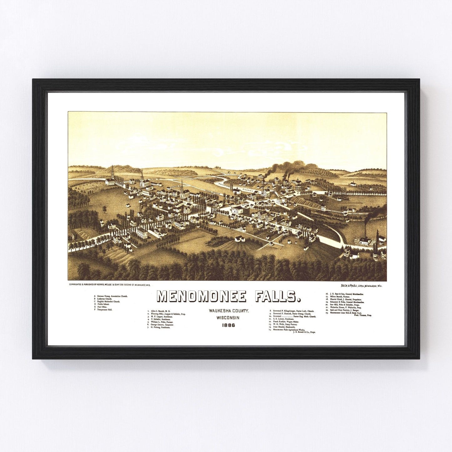 Vintage map of Menomonee Falls, Wisconsin, 1886