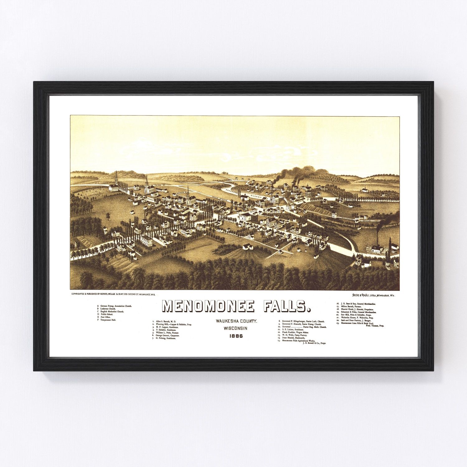 Vintage map of Menomonee Falls, Wisconsin, 1886