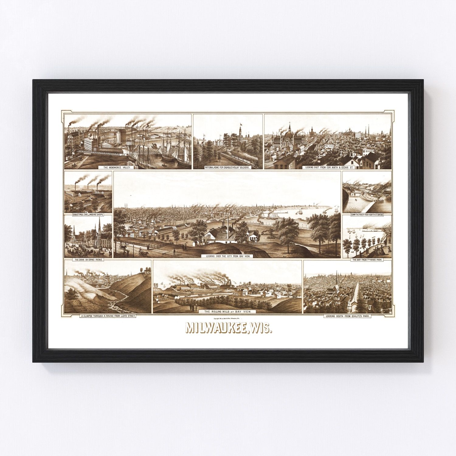 vintage map of Milwaukee, Wisconsin, 1882