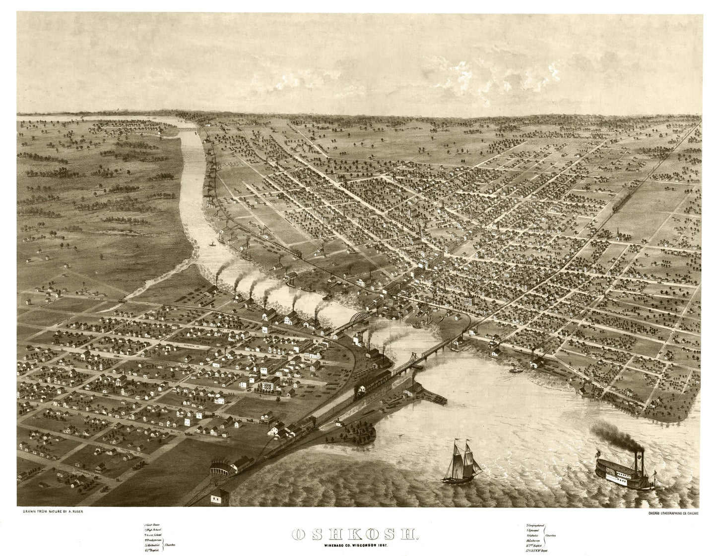 Vintage Map of Oshkosh, Wisconsin, 1867