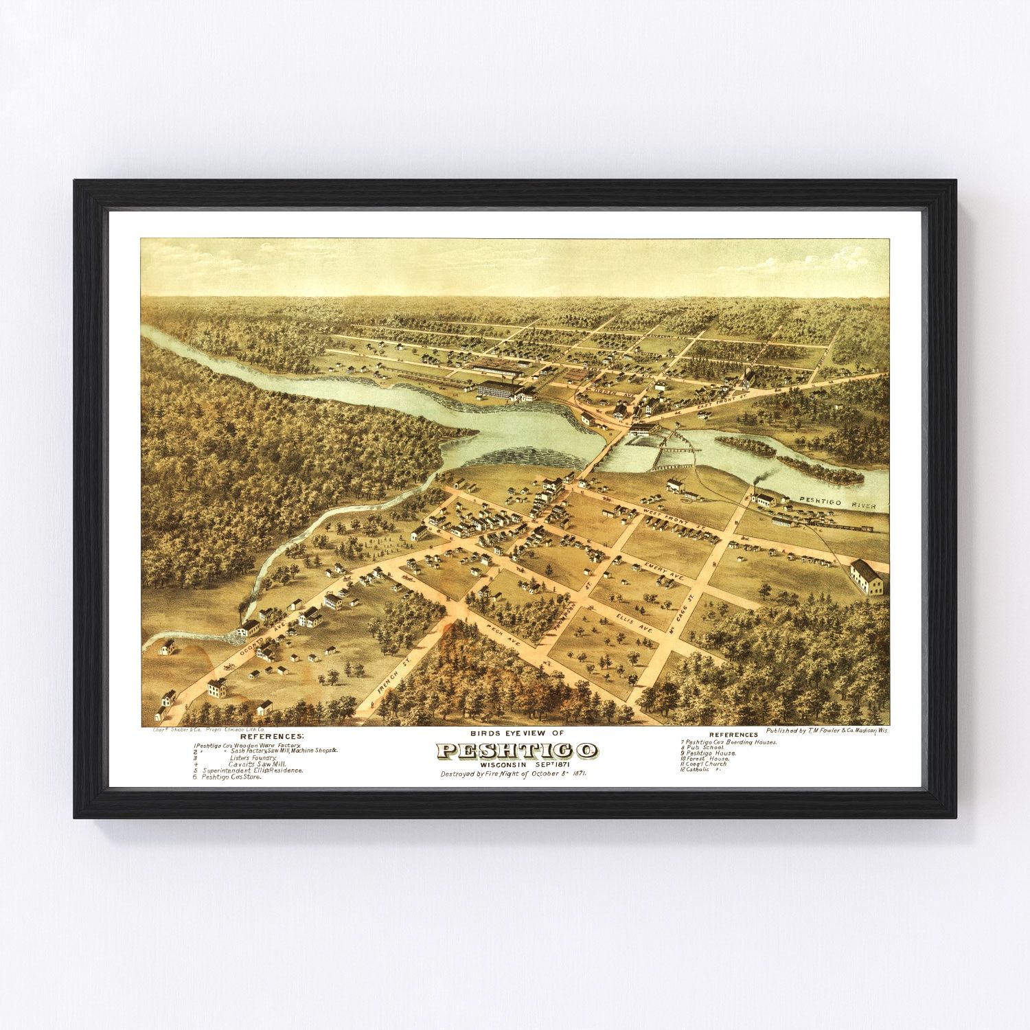 vintage map of Peshtigo, Wisconsin, 1871