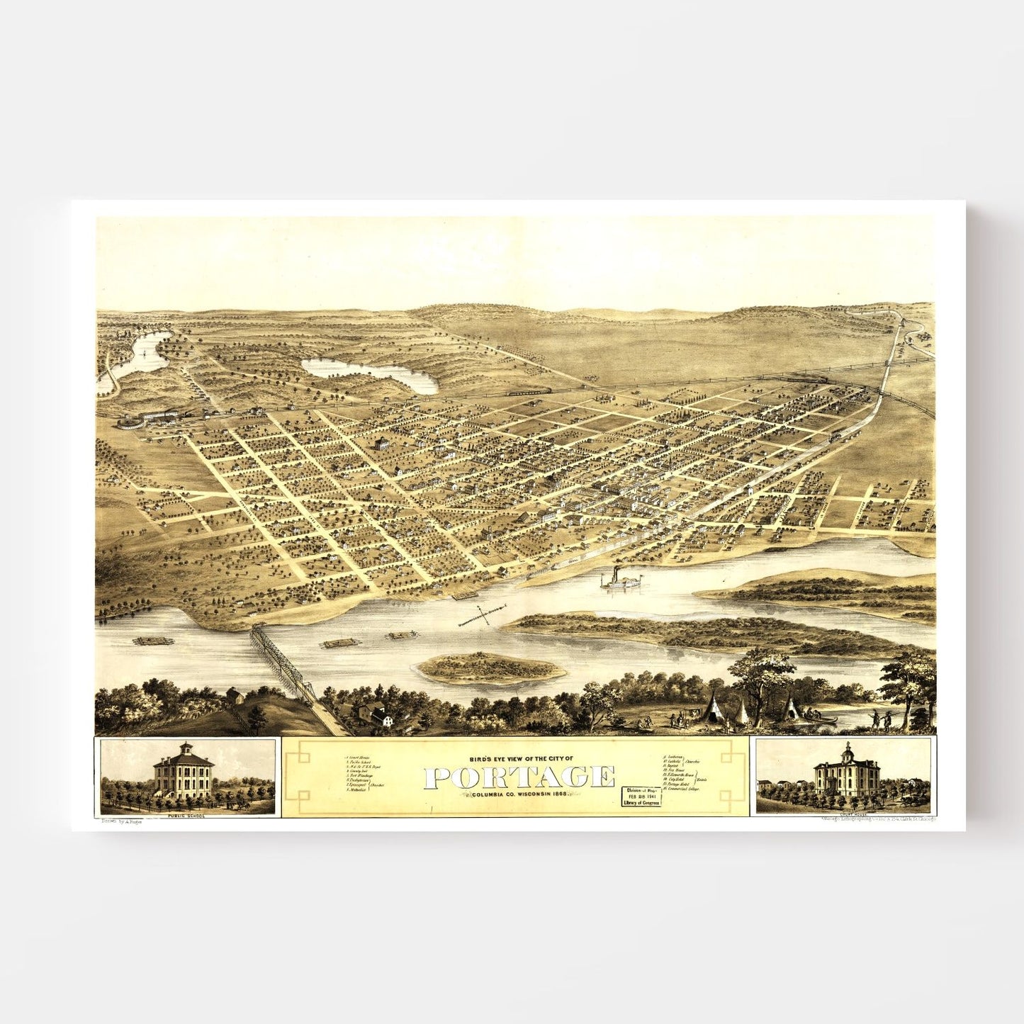 Vintage Map of Portage, Wisconsin, 1868