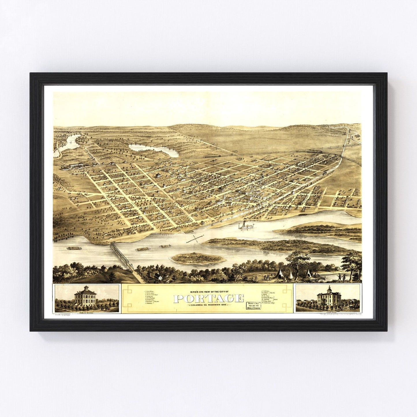 Vintage map of Portage, Wisconsin, 1868