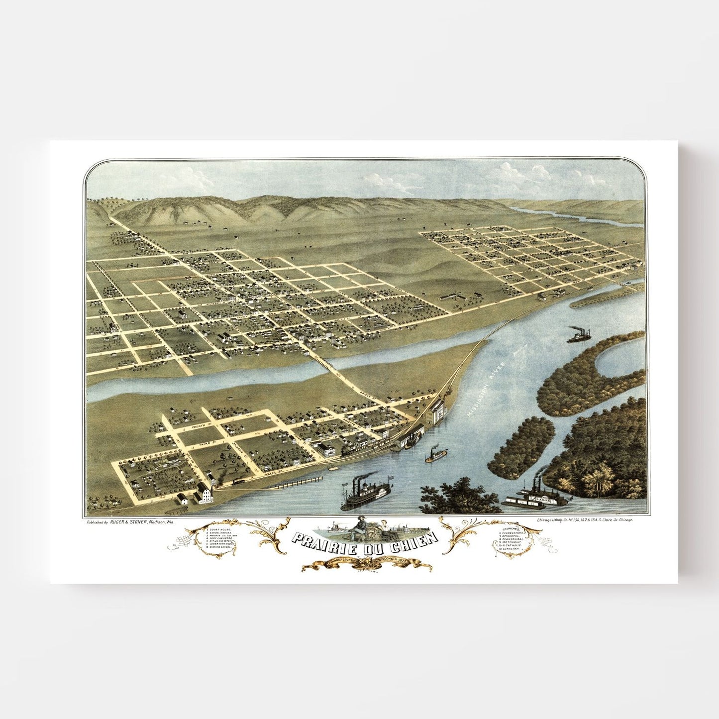 Vintage Map of Prairie du Chien, Wisconsin, 1870