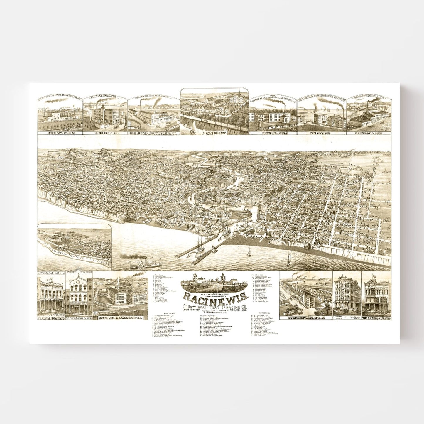Vintage Map of Racine, Racine County, Wisconsin, 1883