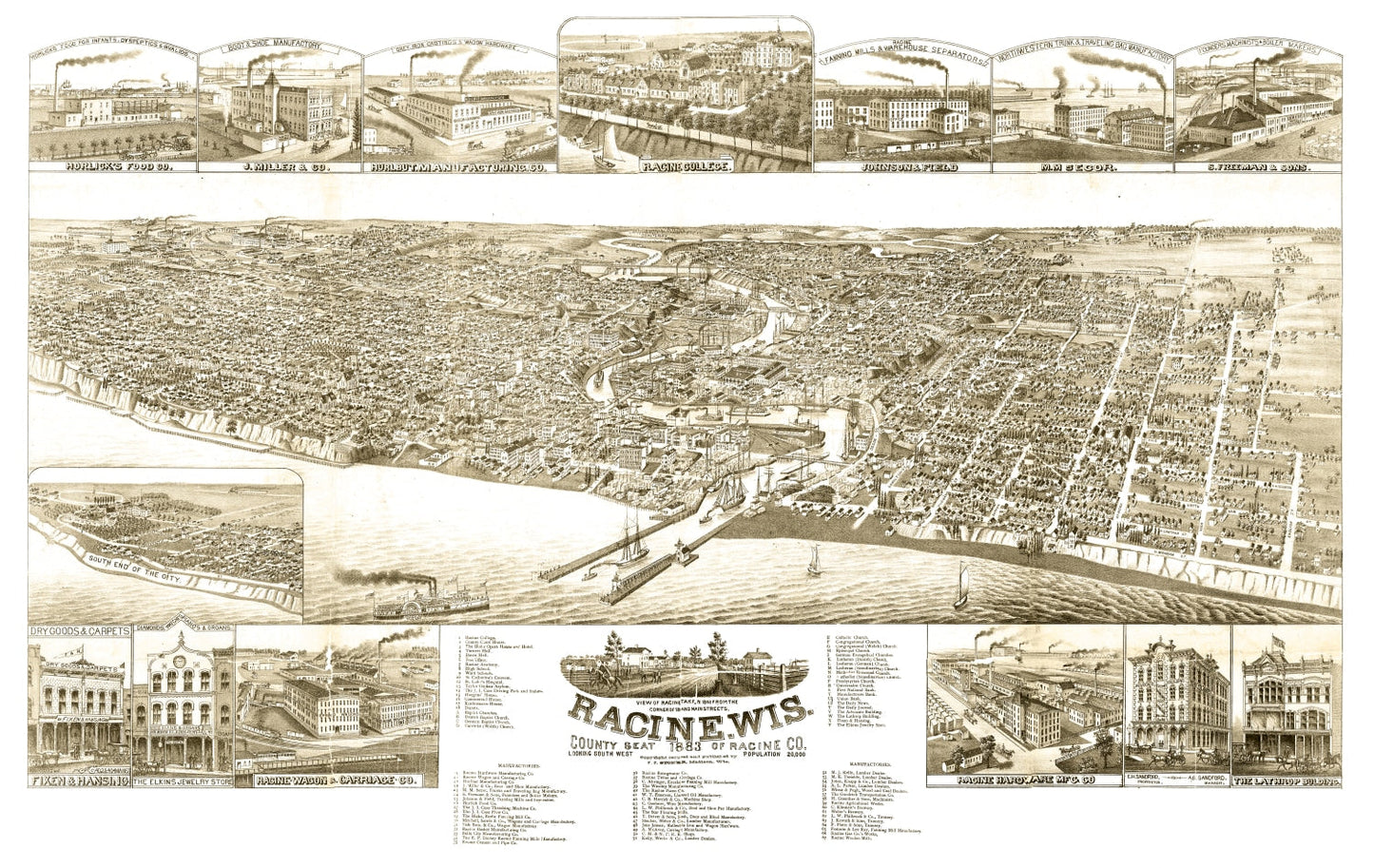 Vintage Map of Racine, Racine County, Wisconsin, 1883