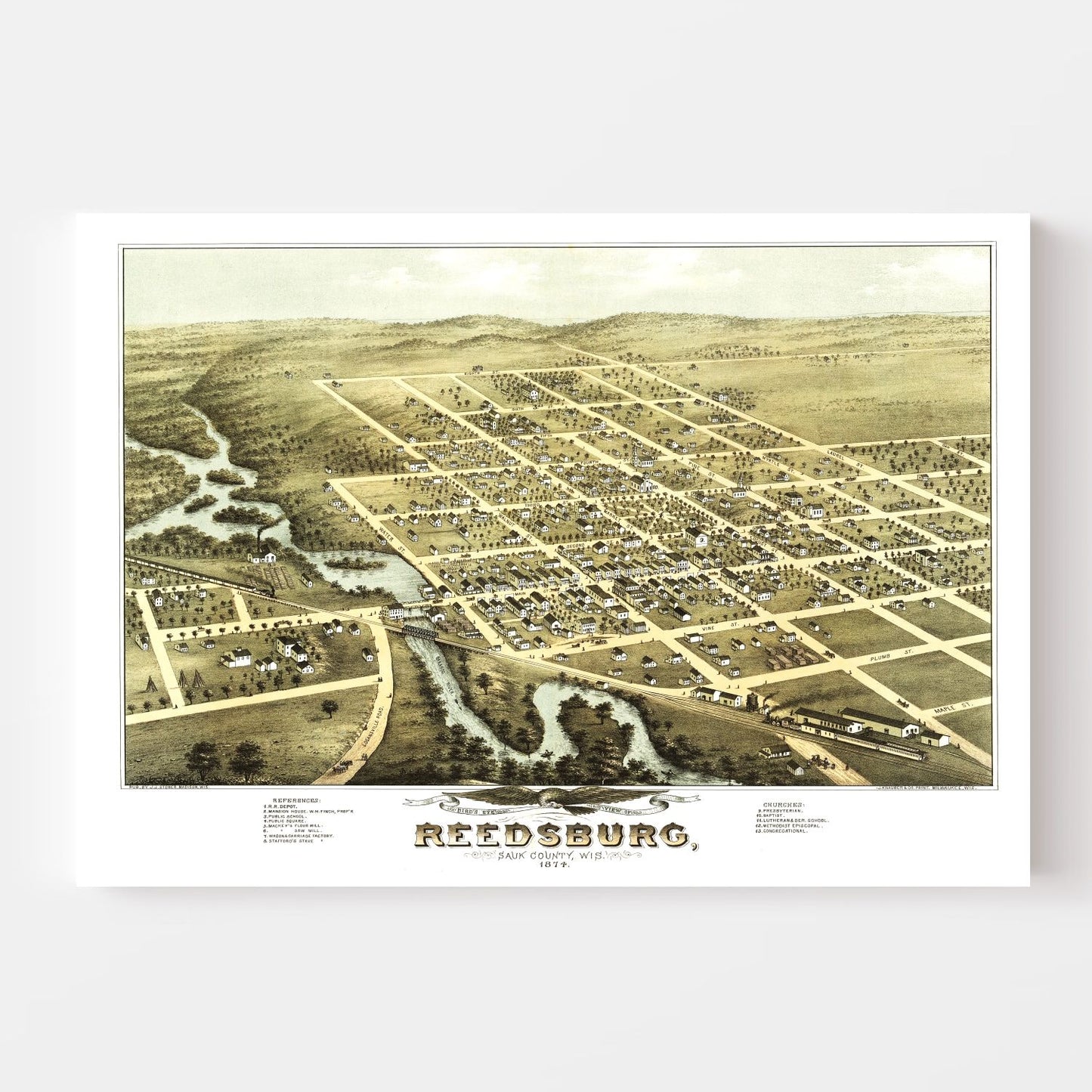 Vintage Map of Reedsburg, Sauk County, Wisconsin, 1874