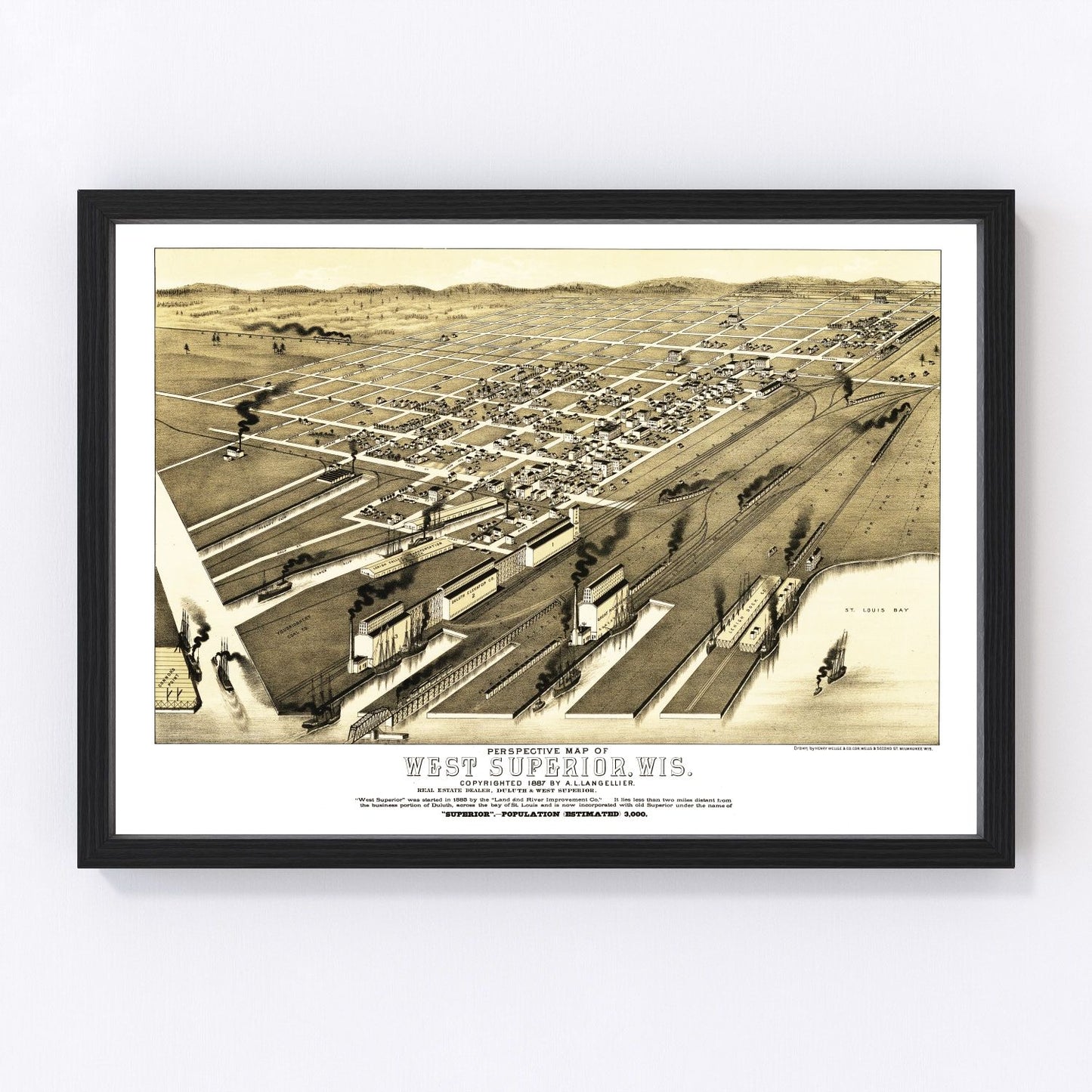 Vintage map of West Superior, Wisconsin, 1887 - Lake Superior restored print