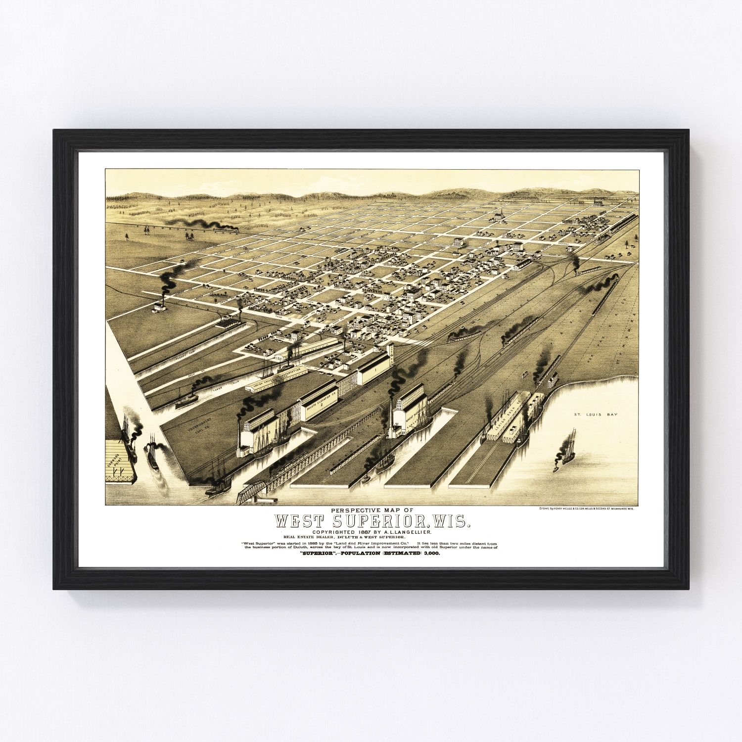 Vintage map of West Superior, Wisconsin, 1887 - Lake Superior restored print