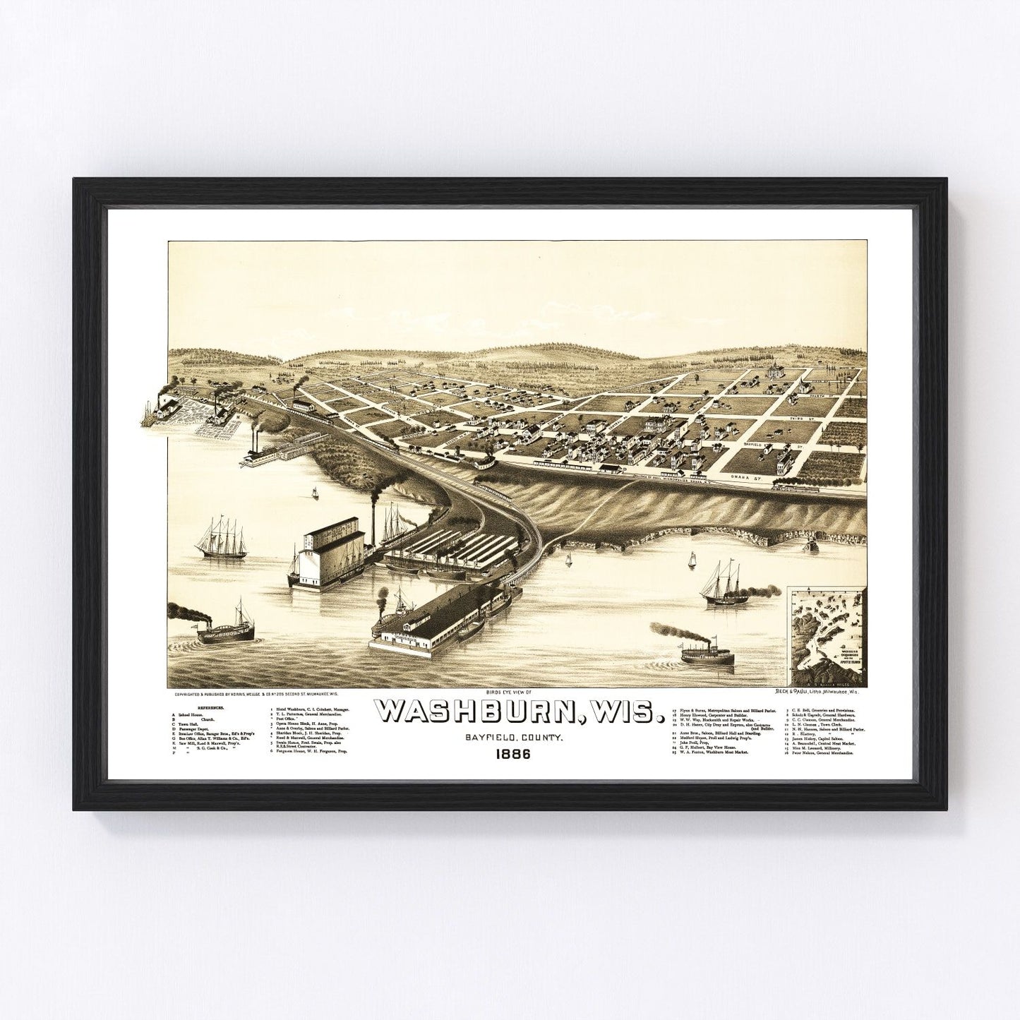 Vintage map of Washburn, Wisconsin, 1886, Lake Superior shoreline, digitally restored