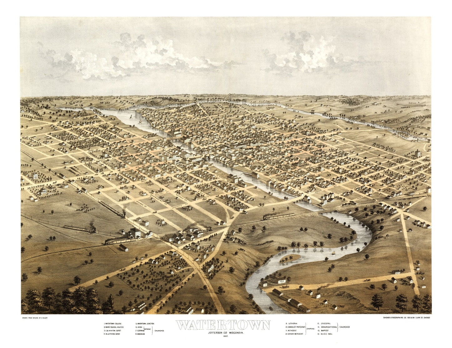 Vintage Map of Watertown, Wisconsin, 1867