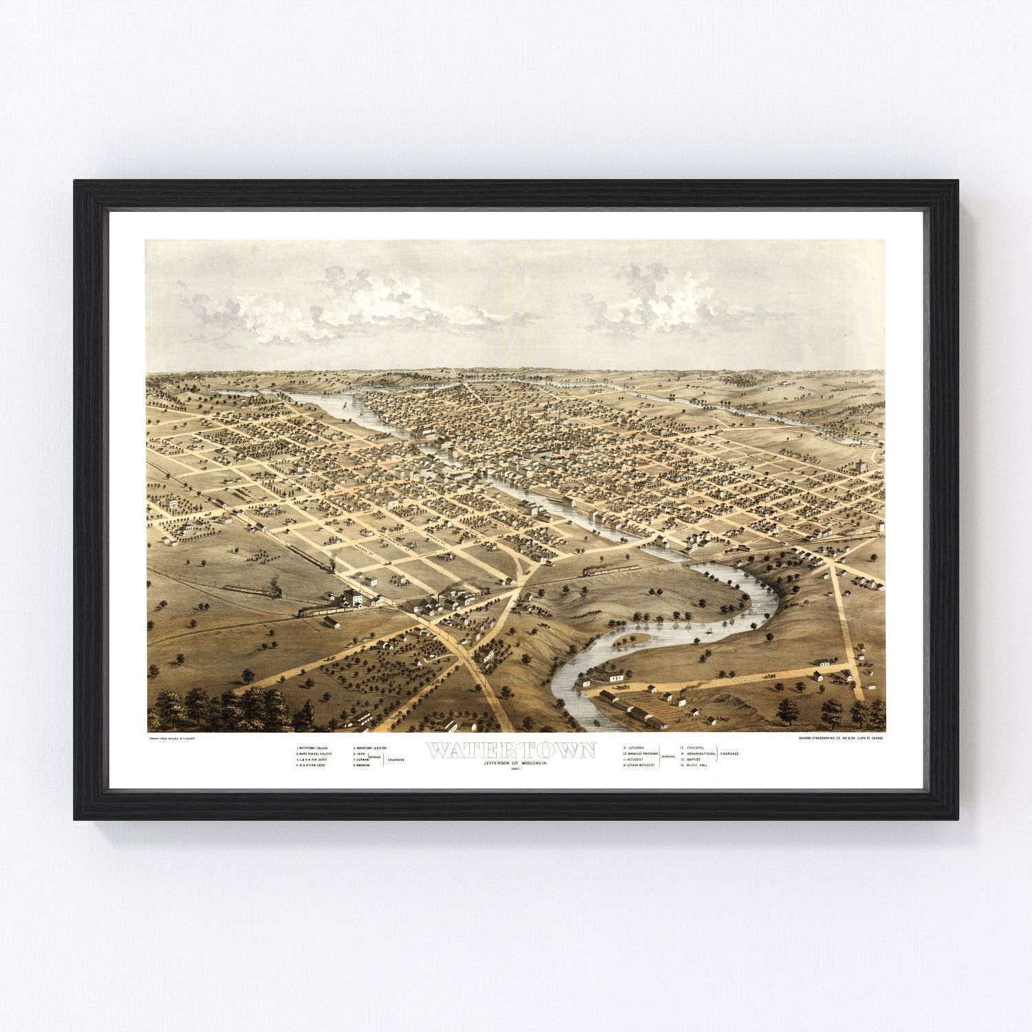 Vintage map of Watertown, Wisconsin, 1867, post-Civil War Rock River mills and farms