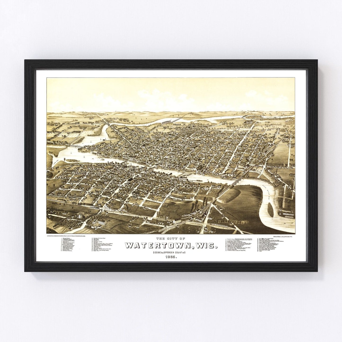 Vintage map of Watertown, Wisconsin, 1885, Rock River city streets and rail