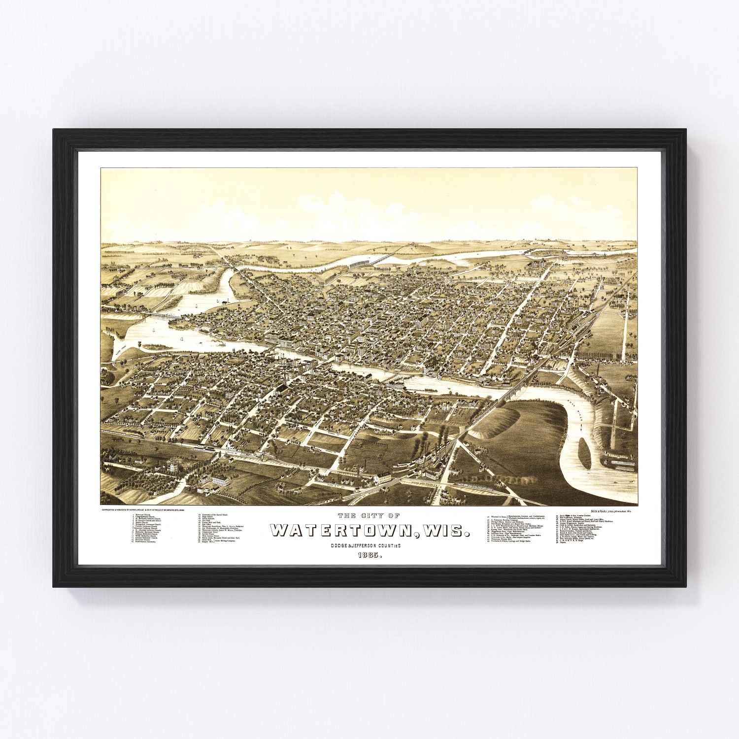 Vintage map of Watertown, Wisconsin, 1885, Rock River city streets and rail