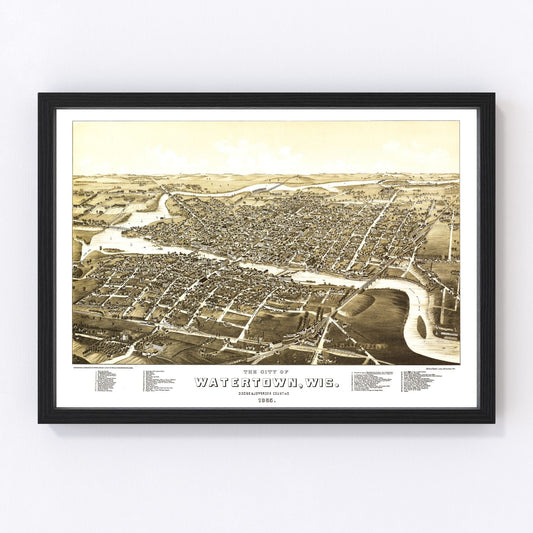 Vintage map of Watertown, Wisconsin, 1885, Rock River city streets and rail