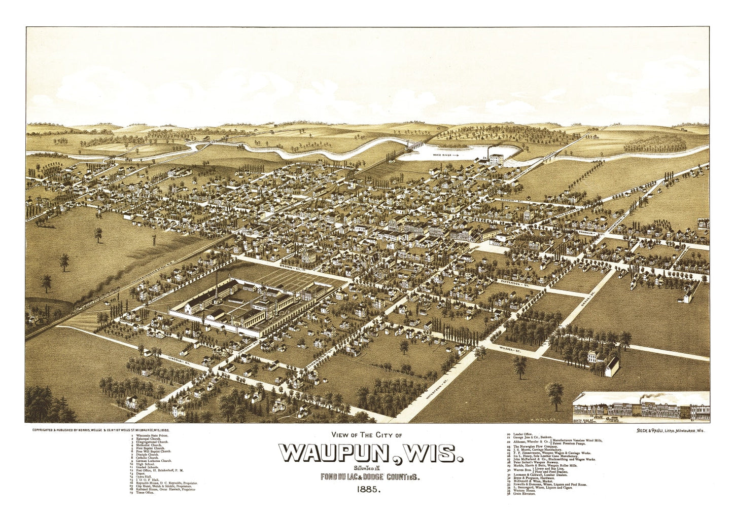 Vintage Map of Waupun, Wisconsin, 1885