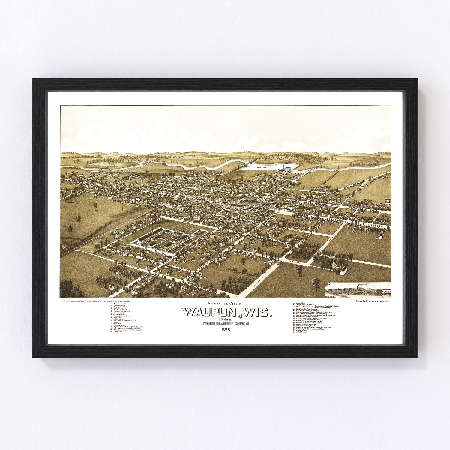Vintage map of Waupun, Wisconsin, 1885, Dodge County city and rail connections