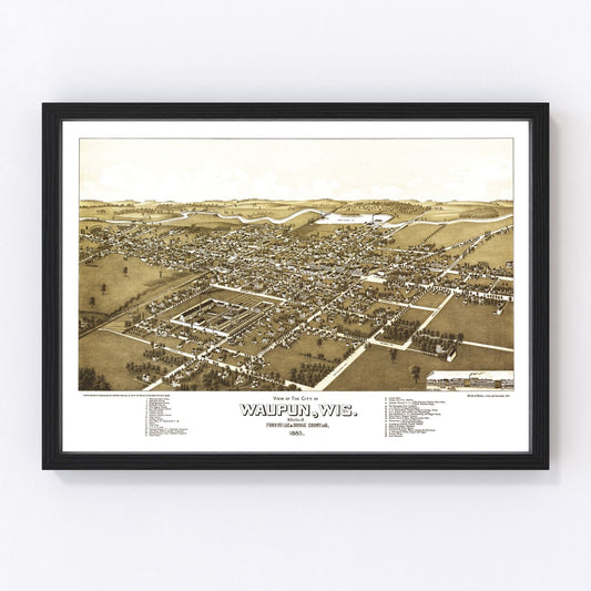 Vintage map of Waupun, Wisconsin, 1885, Dodge County city and rail connections