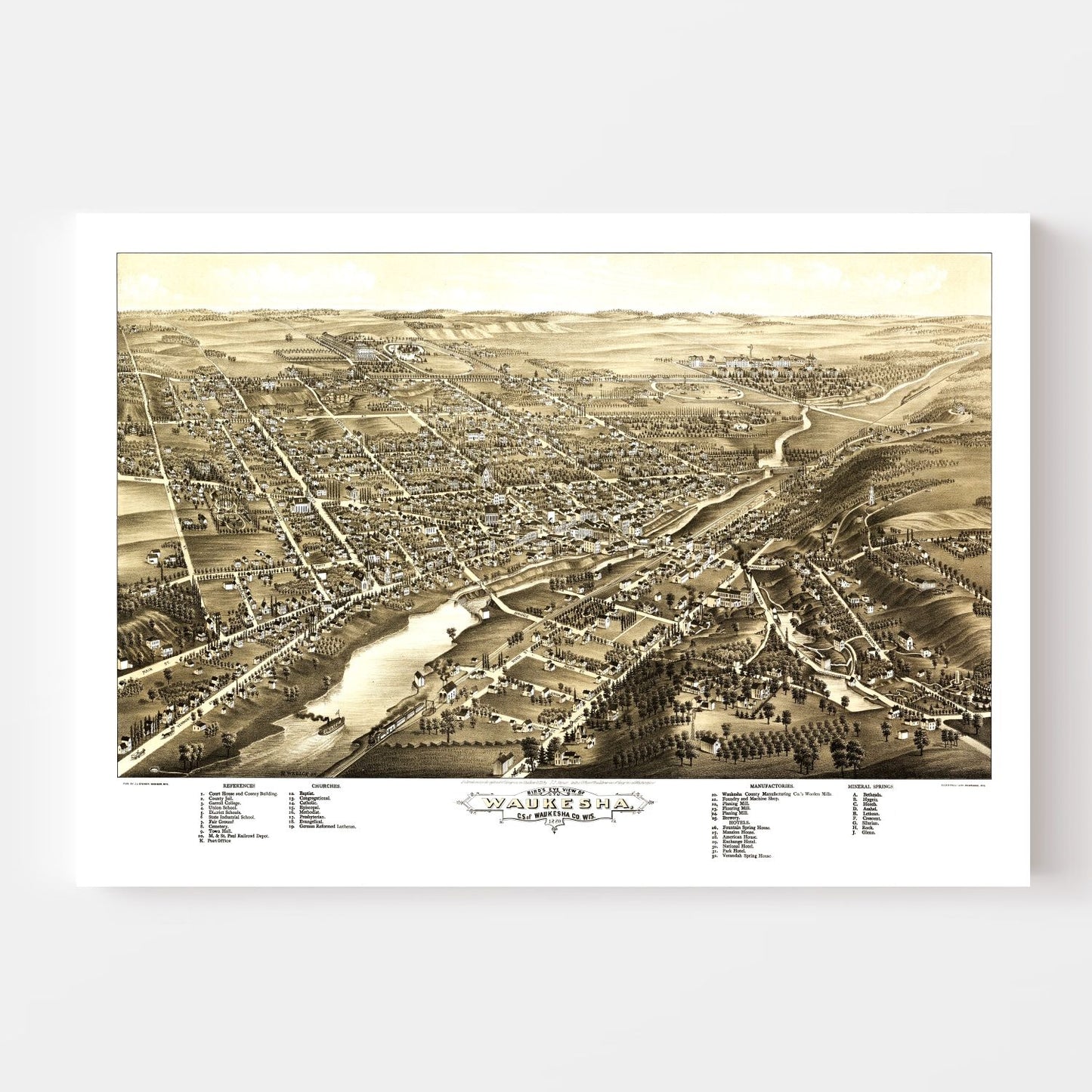 Vintage Map of Waukesha, Wisconsin, 1880