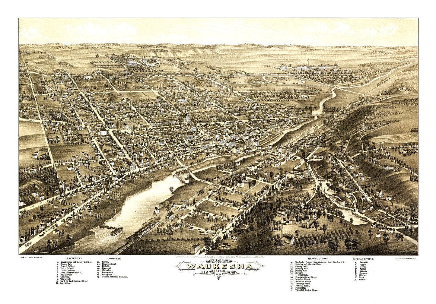 Vintage Map of Waukesha, Wisconsin, 1880