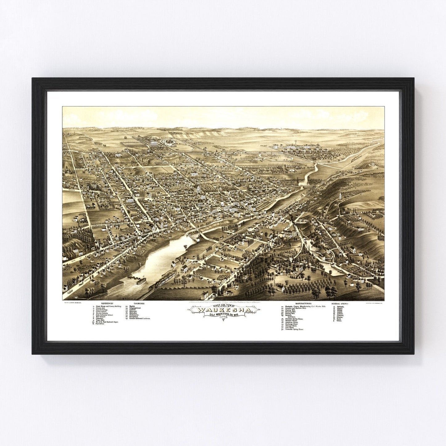 Vintage map of Waukesha, Wisconsin, 1880, Fox River resort city and mineral springs