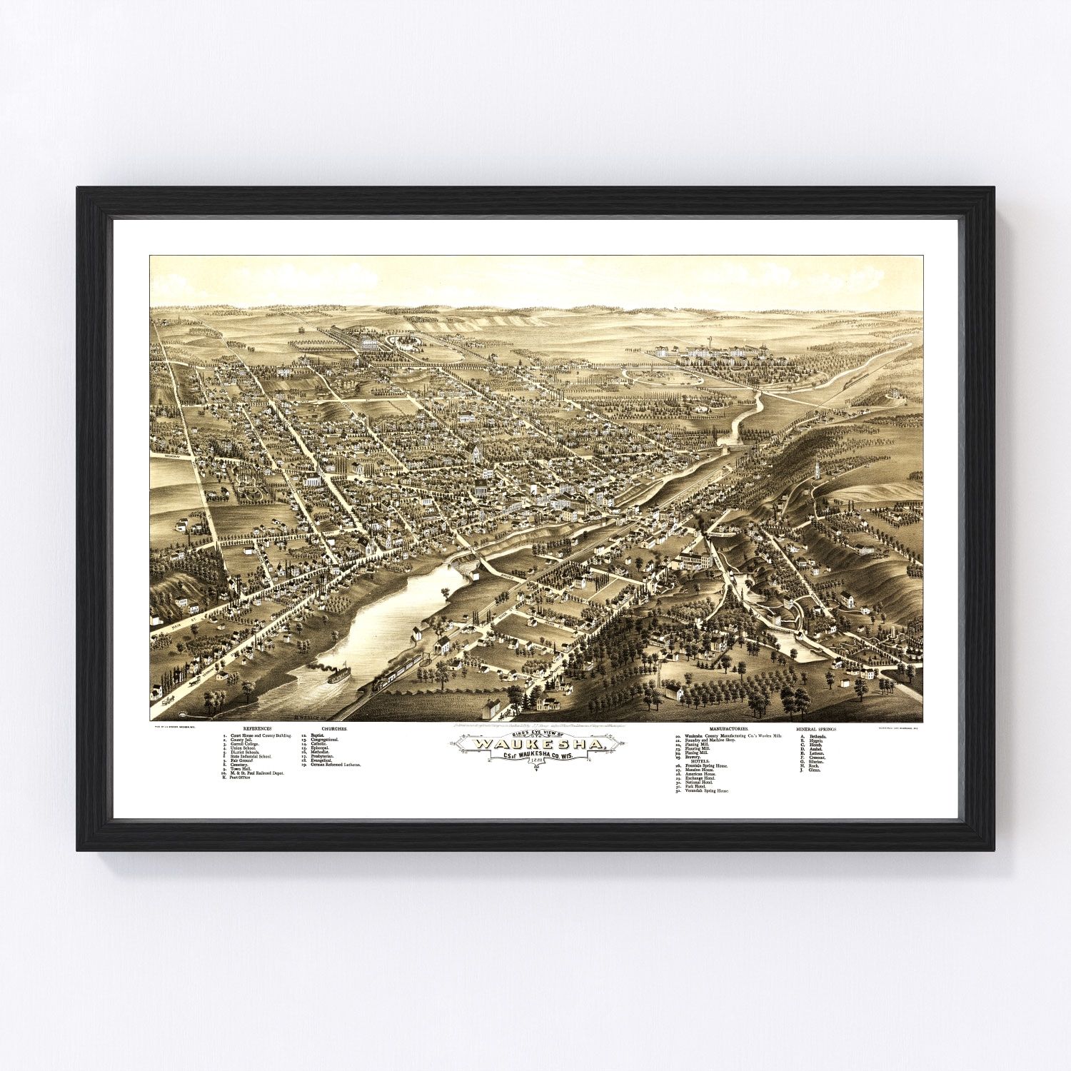Vintage map of Waukesha, Wisconsin, 1880, Fox River resort city and mineral springs