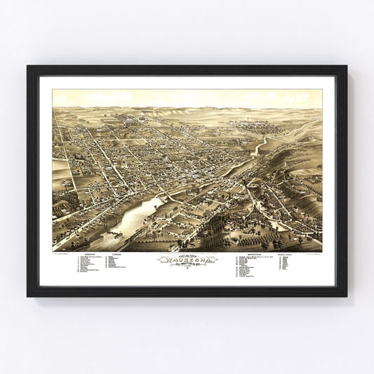 Vintage map of Waukesha, Wisconsin, 1880, Fox River resort city and mineral springs